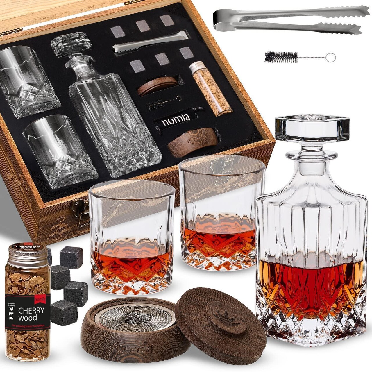 Whiskey Gift Set 14 pcs Whiskey Bottle and Old Fashioned Glasses 2 pcs Cocktail Smoker in Wodden Box with Wood Chips Whickey Stones 6 pcs Included Gift for Men (Torch Not Included)
